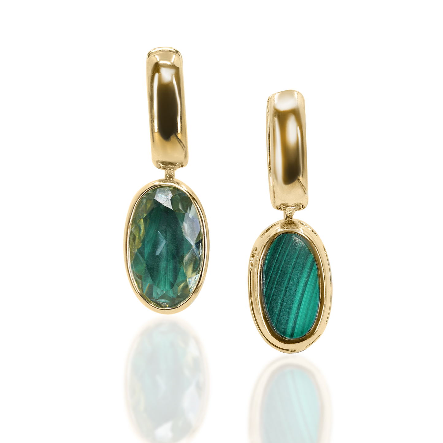 Marla Aaron Oval Lozenge with Malachite and Prasiolite with Base - PAIR