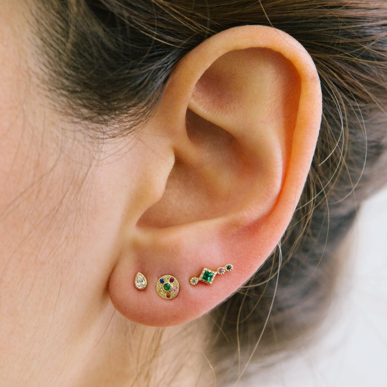 Emerald Halo Earring with Assorted Sapphires Threadless End