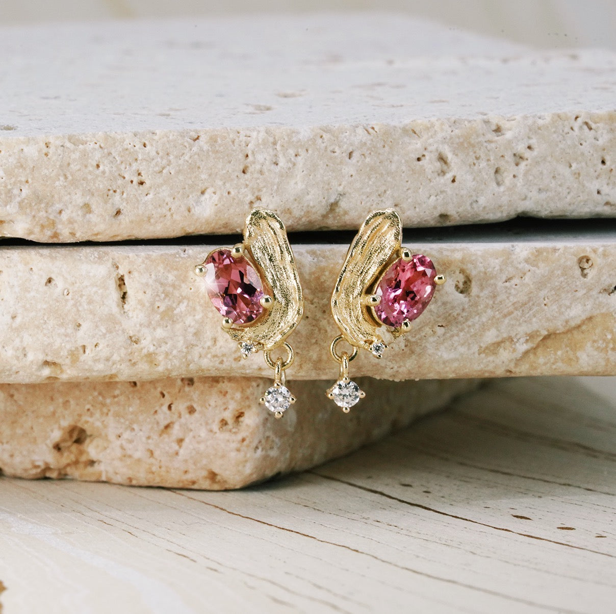 Rose Madder Stud Earrings with Pink Tourmaline and Diamond - PAIR