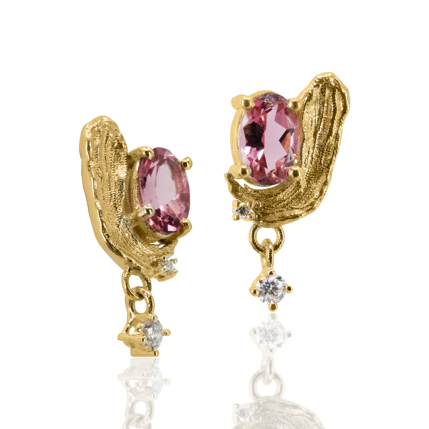 Rose Madder Stud Earrings with Pink Tourmaline and Diamond - PAIR